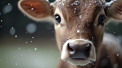 Wall Mural -  a brown and white cow standing in the snow, looking directly at the camera with a blurred background