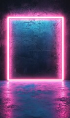 Wall Mural - Neon pink square frame on blue grunge wall background, dark room, empty space