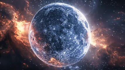 Wall Mural - Stunning cosmic planet amidst vibrant nebula and stars with fiery cosmic dust.