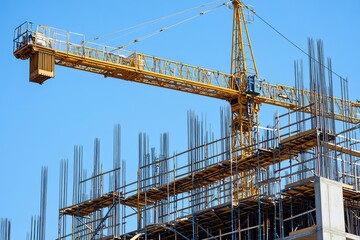 Poster - Construction Crane Lifts Steel Beams During Building's Framework Assembly on a Sunny Day