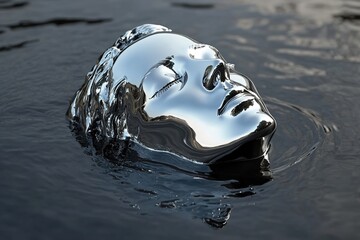 Poster - A high-gloss liquid chrome human head rises from a dark reflective pool, evoking themes of self-awareness, futuristic technology, and innovation in a surreal landscape