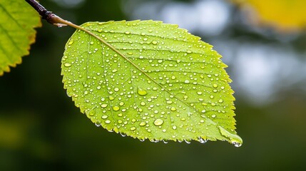 Wall Mural -  a green leaf with water droplets glistening on its surface, set against a blurred background