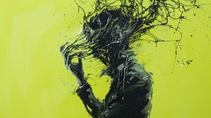 Aufkleber - Bold abstract illustration of a silhouette surrounded by chaotic black paint splashes on a vivid green background, evoking creativity and energy. AI generated.