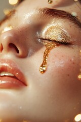 Poster - a striking female portrait captures emotional depth with floating golden tears. soft lighting create