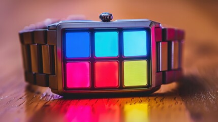 Poster - Smartwatch with a futuristic colorful LED interface, integrating digital technology sleek metallic finish, wearable gadget symbolizes innovation, personalization, next-generation smart accessories.