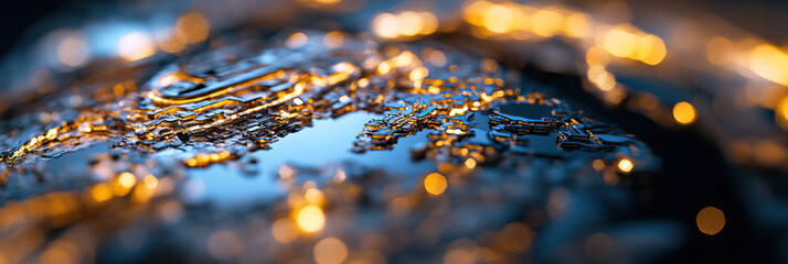 Poster - Metallic Fragments on Reflective Surface with Golden Bokeh