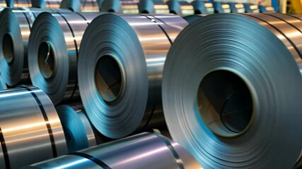 Poster - Steel coils are neatly stacked in a manufacturing facility, showcasing the industrial production of high-quality materials for various uses and applications.