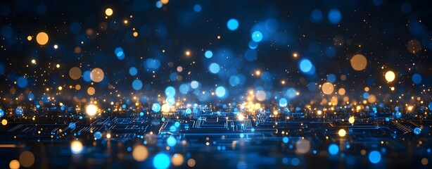 Poster - A sophisticated advanced digital network circuit board, representing future technology. Abstract blue circuit board background with a modern technology and digital concept. Big data technology concept