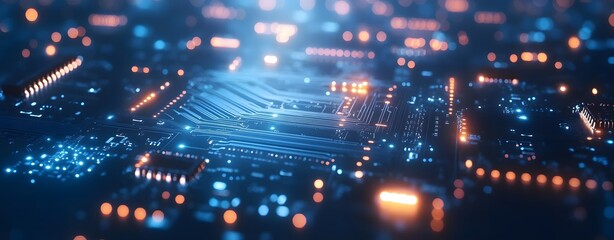 Poster - A sophisticated advanced digital network circuit board, representing future technology. Abstract blue circuit board background with a modern technology and digital concept. Big data technology concept