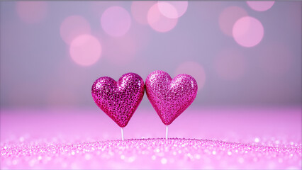 two glittery pink hearts on sparkly pink glittery surface bokeh
