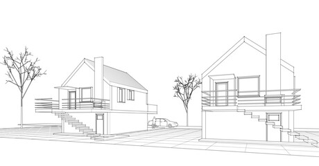 Poster -  traditional residential architecture house sketch 3d illustration