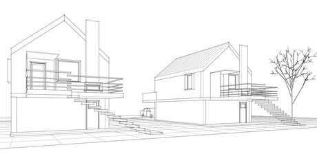 Poster -  traditional residential architecture house sketch 3d illustration