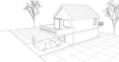 Poster -  traditional residential architecture house sketch 3d illustration