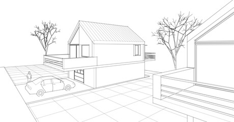Poster -  traditional residential architecture house sketch 3d illustration