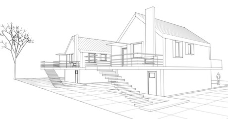 Poster -  traditional residential architecture house sketch 3d illustration