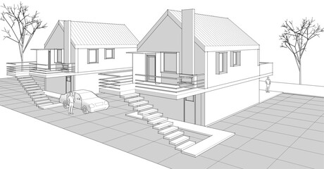 Poster -  traditional residential architecture house sketch 3d illustration