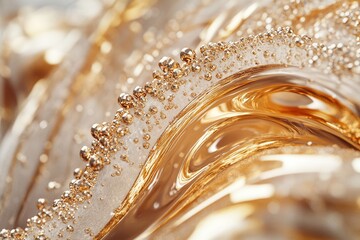 Poster - Liquid Gold: Abstract Waves of Golden Fluid with Sparkling Bubbles Flowing Elegantly, Shimmering Texture, Luxurious Abstract Art