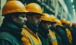 © SanyBRZ - Line of construction workers with focused expressions, wearing safety helmets in a gritty industrial setting.