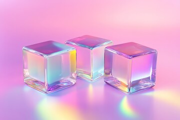 Poster - Iridescent Glass Cubes Reflect Light in Vibrant Hues on Pink Background, Abstract Geometric Shapes Displaying Colorful Shimmer