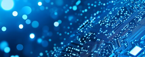 Poster - A sophisticated advanced digital network circuit board, representing future technology. Abstract blue circuit board background with a modern technology and digital concept. Big data technology concept