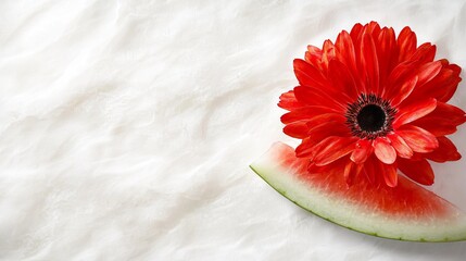 Wall Mural -  a vibrant red gerbera daisy and a slice of watermelon on a crisp white background The watermelon is cut in half, revealing its juicy, green rind and the bright red