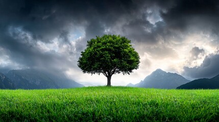 Wall Mural -  a lone tree standing in the middle of a lush green field, with majestic mountains in the background and a cloudy sky above