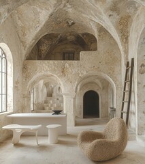Poster - A beautifully restored, minimalistic interior showcasing arches and natural textures, designed to create a serene atmosphere and inspire creativity.
