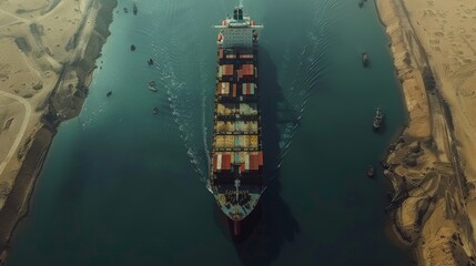 Aufkleber - A cargo ship filled with colorful containers moves through a narrow canal, flanked by sandy terrain under clear blue skies, reflecting bustling maritime activity.