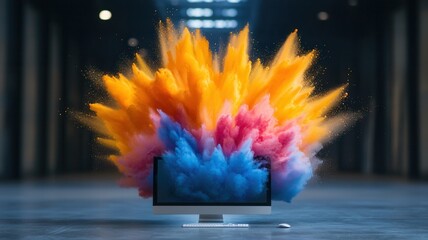 Aufkleber - Vibrant paint bursting splash from laptop screen, splashing near takeaway coffee cup on glossy surface, representing creative digital workspace design