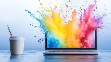 Aufkleber - Vibrant paint bursting splash from laptop screen, splashing near takeaway coffee cup on glossy surface, representing creative digital workspace design