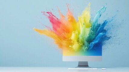 Aufkleber - Vibrant paint bursting splash from computer monitor screen, splashing near takeaway coffee cup on glossy surface, representing creative digital workspace design