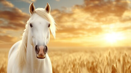 Wall Mural -  a white horse standing in a field of wheat at sunset, with the sky in the background filled with clouds and the sun setting in the distance