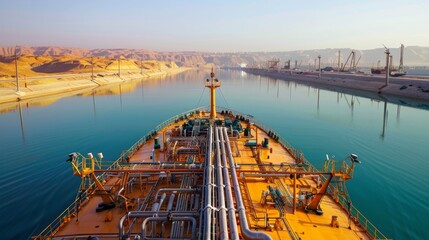 Aufkleber - A tanker sails smoothly through a canal surrounded by sandstone cliffs at sunrise. The warm light reflects off the tranquil water, showcasing industrial structures in the distance.