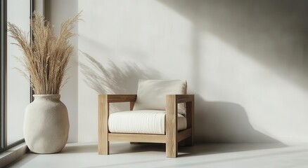 Poster - A minimalist interior featuring a cozy wooden chair beside a stylish vase filled with dried flowers, illuminated by natural light.