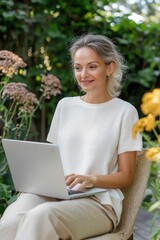 Wall Mural - A woman is sitting on a chair and using a laptop. She is smiling and she is enjoying her time. The scene suggests a relaxed and comfortable atmosphere, possibly in a garden or outdoor setting