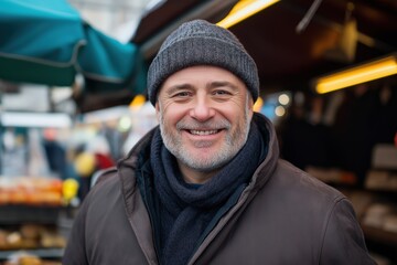 Wall Mural - A man wearing a blue hat and a scarf is smiling. He is standing in front of a food stand