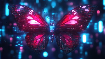 Poster - A futuristic digital butterfly symbolizing transformation, with glowing circuits and a neon tech background.