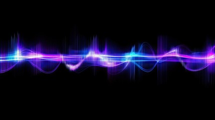 Poster - A futuristic visualization of digital sound waves in glowing neon blue and purple hues.