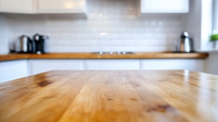 Poster - Warm wooden kitchen table with modern appliances and bright decor