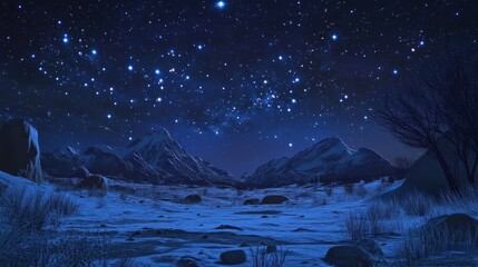 Wall Mural - Orion: Starry Wilderness - Tranquil Scene of Woodland with Blue Starlit Sky