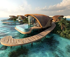 Wall Mural - Luxury overwater bungalows in Abu Dhabi with Maldives-style design, infinity pools, and lush gardens