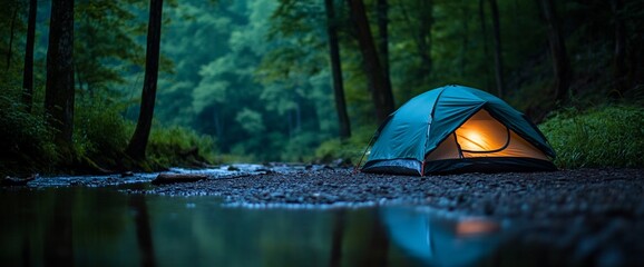 Canvas Print - Illuminated tent beside stream, night forest camping