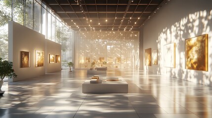 Poster - Art gallery interior featuring a curated voxel showcase with multiple paintings displayed on the walls