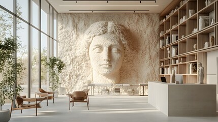 Poster - Art gallery interior featuring a large white plaster wall and voxel showcase display for contemporary art