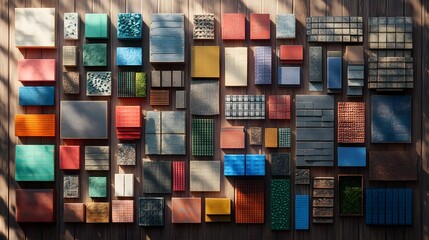 Poster - Colorful tiles arranged on a wooden wall showcasing a variety of voxel asset libraries for design projects