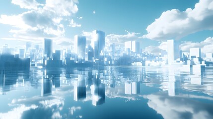 Poster - City skyline with skyscrapers and clouds in a dynamic voxel world-building scene