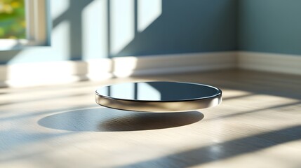 Poster - mirror on the floor with a floating disk in a sunlit room creating a unique visual composition