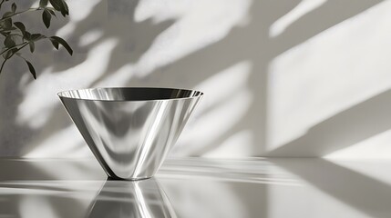 Poster - Vase and plant on table with reflective surface featuring a sleek cone in bright lighting