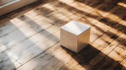 Poster - white cube placed on wooden floor in softly lit room creating a minimalist and modern aesthetic