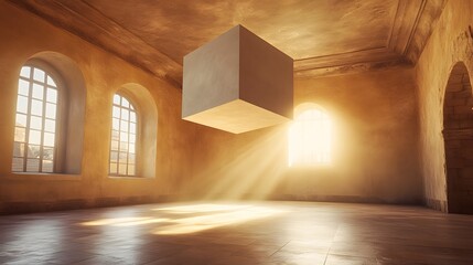 Poster - a soft-lit room with a large window and a floating white cube illuminated by natural light